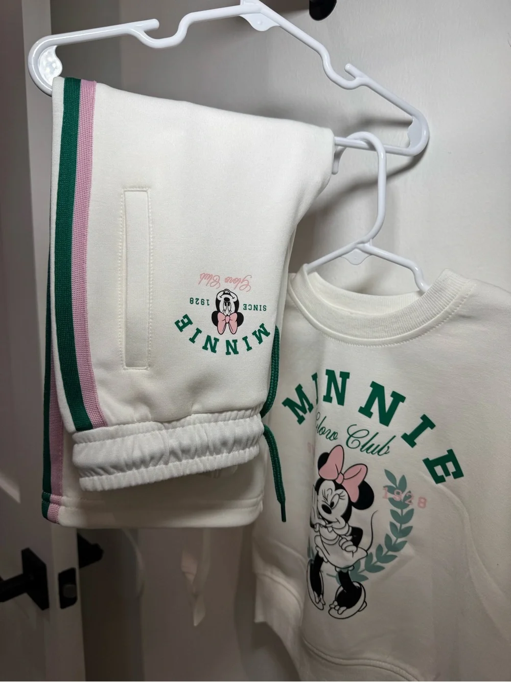 Minnie Kids Cream Sweatshirt & Jogger Pajama Set with Green and Pink Accents